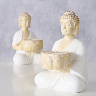 Kunstharz Teelicht Buddha Design Beige weiß Wohnraum Deko