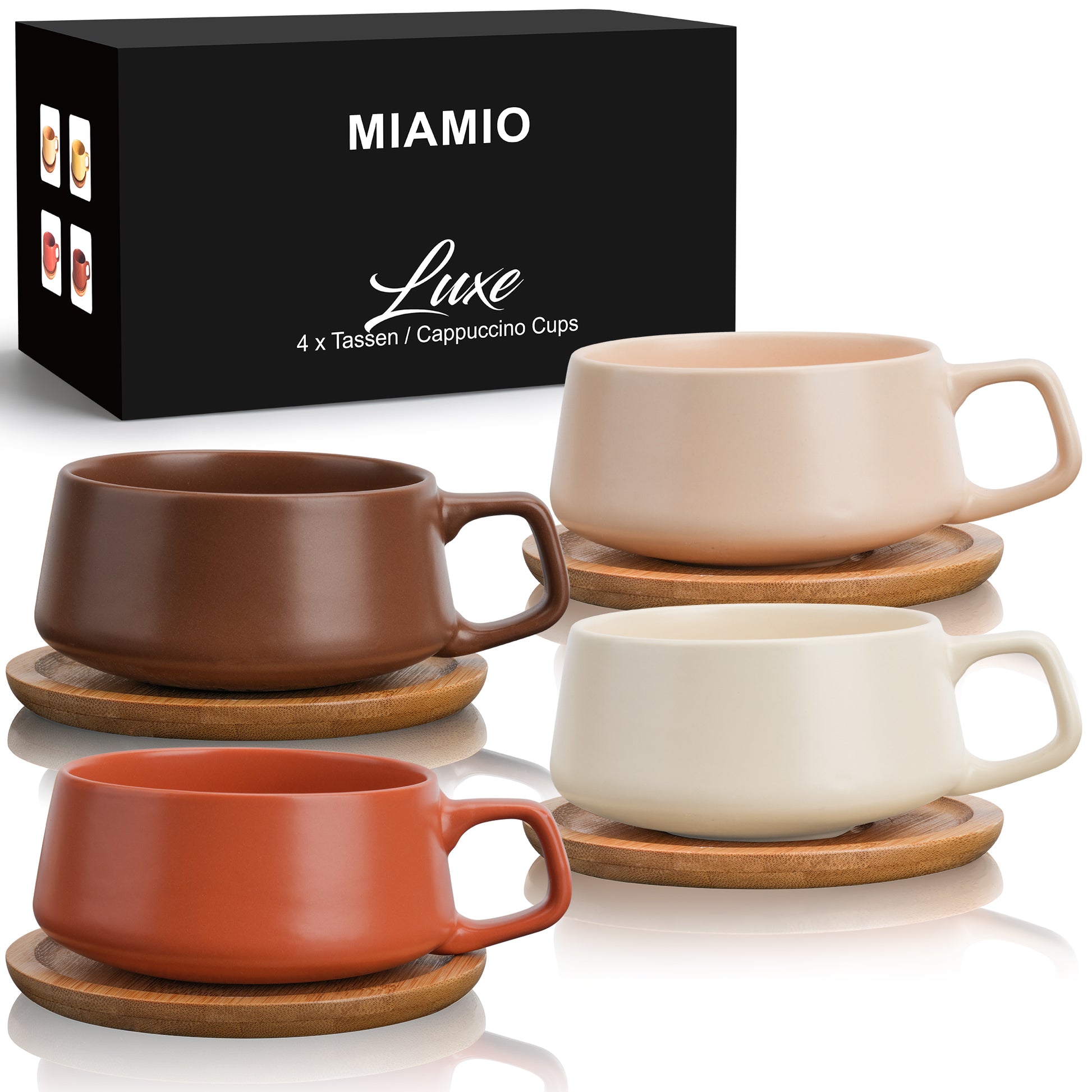Capuccino Tassen Set Keramik Erdtöne mit Bambusuntersetzern