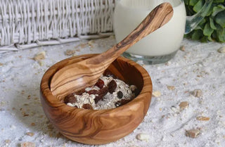 Olivenholzschale mit Olivenholzlöffel handgemacht für Müsli oder Joghurt