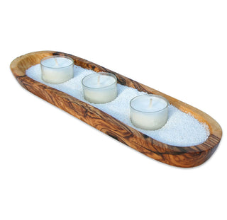 Olivenholzschale mit Sand und Kerzen Wellness